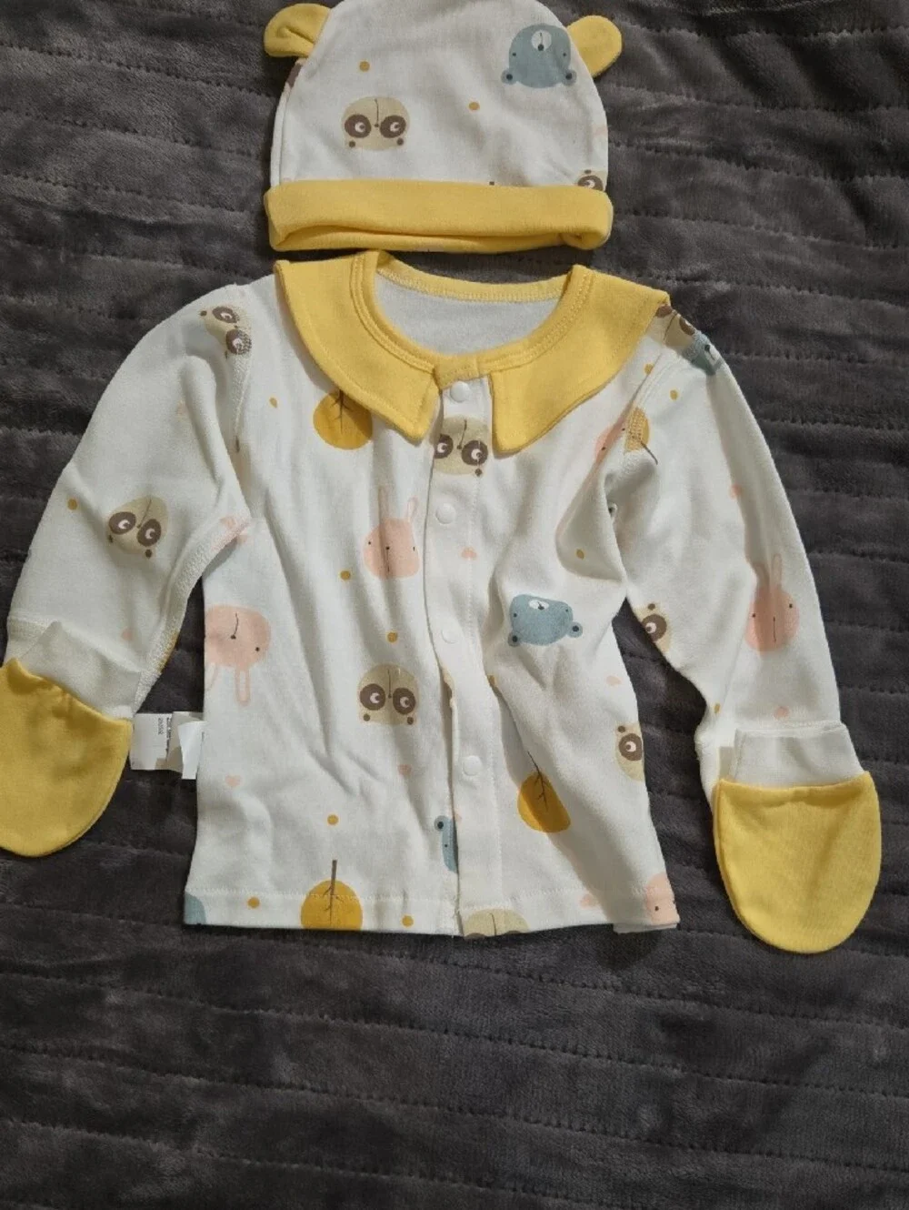 Yellow-Trim Animal Print Baby 2-Piece Set With Hat, Booties, & Mittens